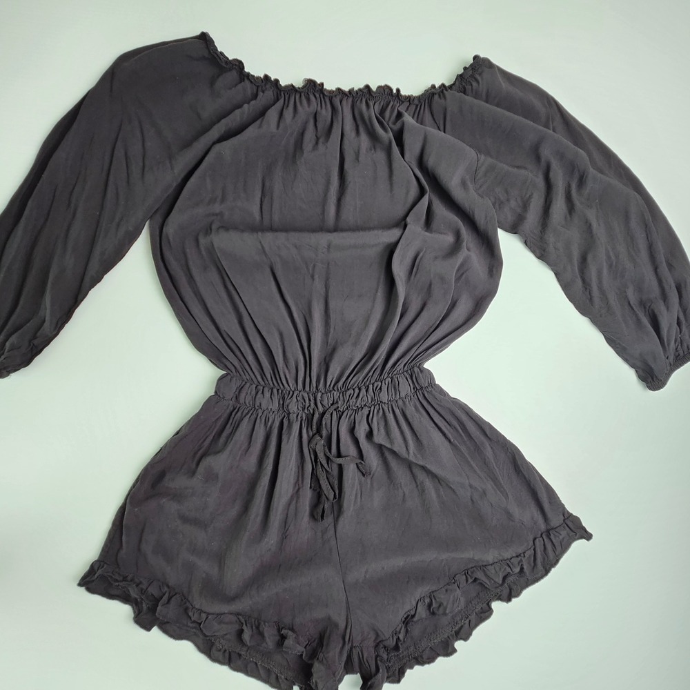 Haute Rogue Black Off Shoulder Romper Bell Sleeve Ruffle Small Gabriella Style
